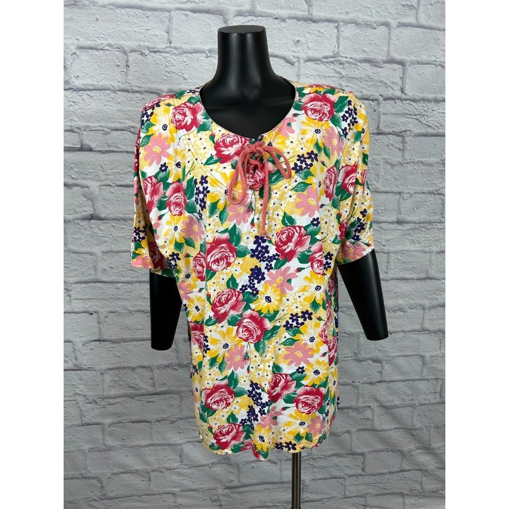 Gitano Floral Shirt Tie Neck Short Sleeve Pullover Vtg 90's Women's Top Size 20W